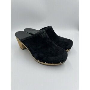 UGG Abbie Winter Clogs Womens Size 7 Black Suede Wooden Platform Slip on Hippie